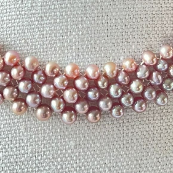 Lavender Freshwater Pearl Multi Strand Choker Necklace 925 Sterling Silver Clasp - Picture 2 of 10